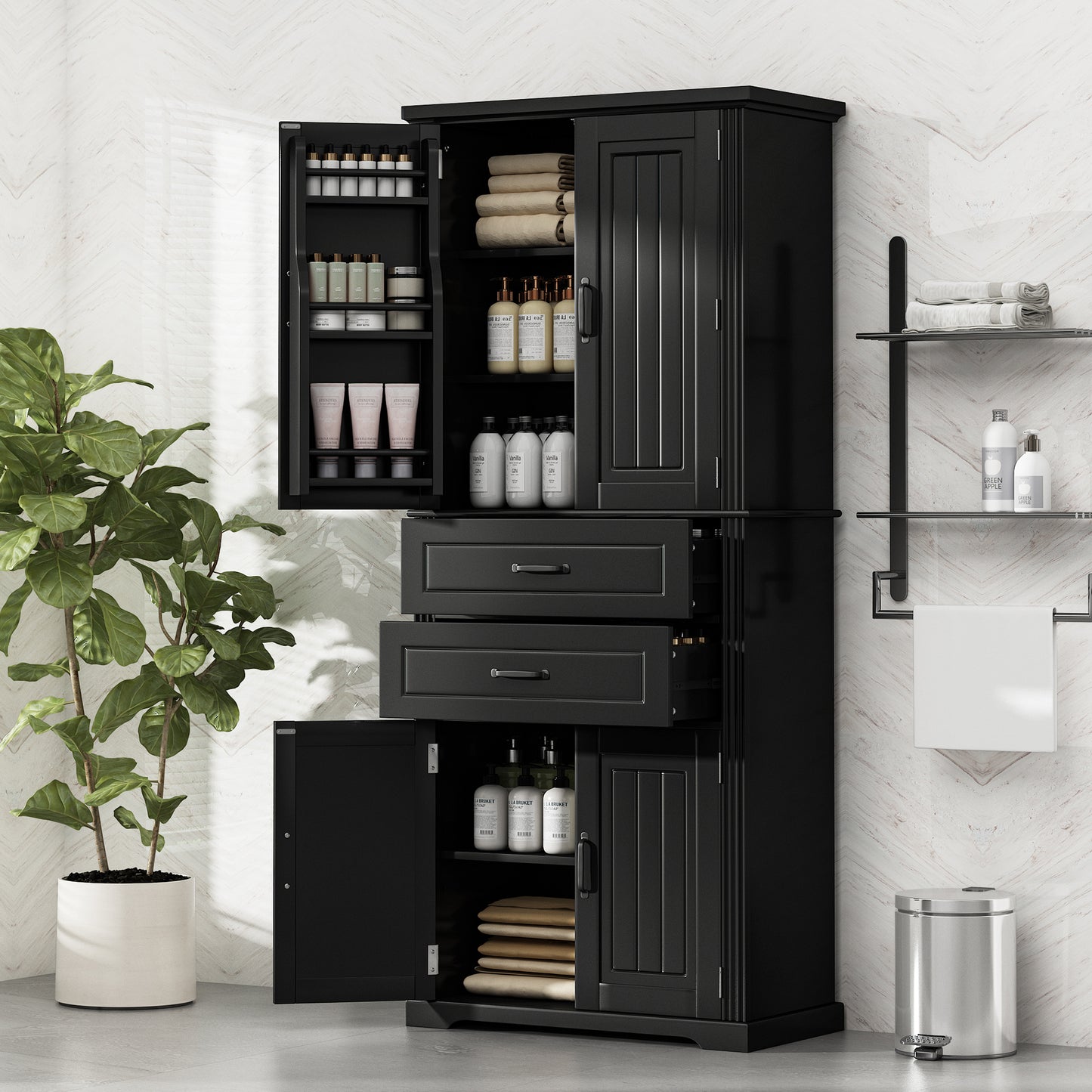 Video Storage Cabinet With Multi-Functional Storage Space, Doors With Storage Shelves, 2 Drawers, Adjustable Shelf, Black  Same Sku  N759P293426B