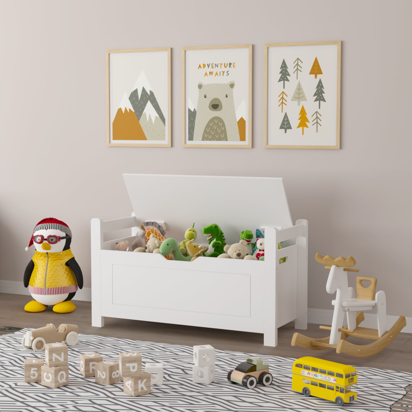 Kids Toy Box Chest, White Toy Box For Boys Girls, Large Storage Cabinet With Cushion Seat Bench Flip-Top Lid Safety Hinge, Toy Storage Organizer Trunk For Nursery, Playroom