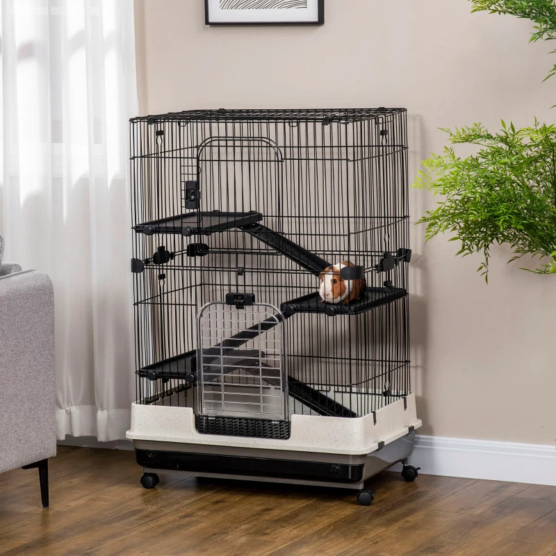 4-Level Small Animal Cage Rabbit Hutch With Universal Lockable Wheels, Slide-out Tray For Bunny, Chinchillas, Ferret, Black