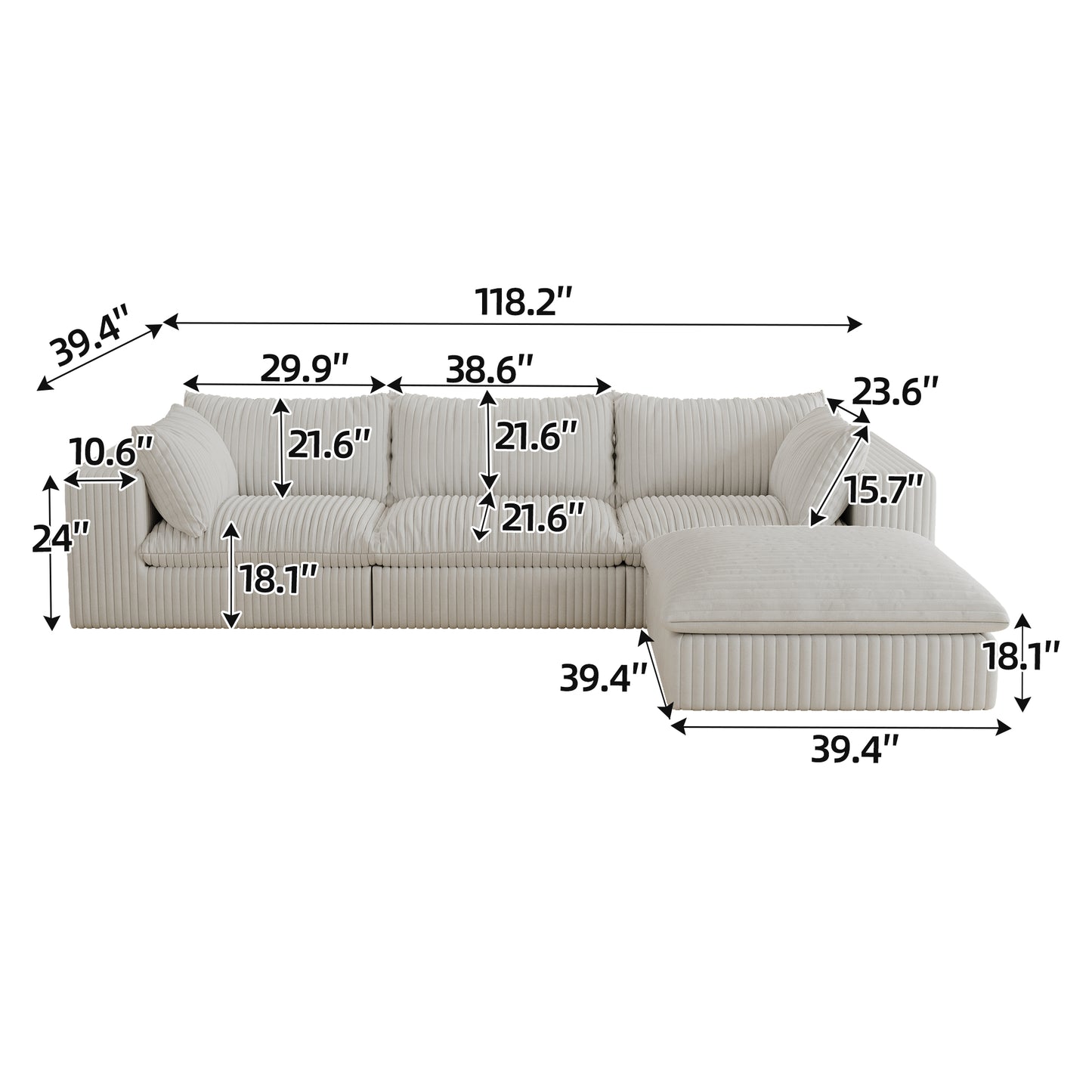 118.2 Cloud Sofa,Corduroy Fabric,Deep Seat Couches,Double-layer Design,Removable Cushion,No Assembly, DIY Combination For Living Room, Bedroom,Conference Room ,Apartment,White