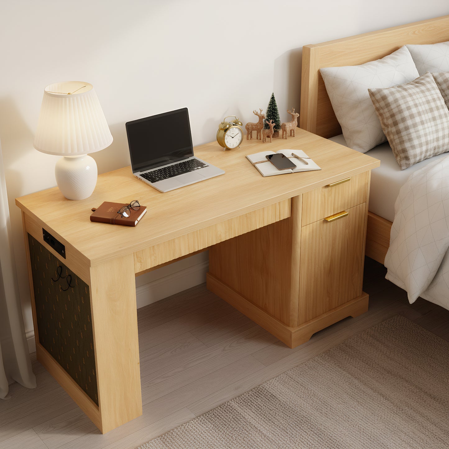 55  Modern Fluted Office Desk With Storage Cabinet & Drawers, Computer Writing Desk With Power Outlet, Pegboard, Built-in Shelves And Keyboard Tray For Study, Living Room, Home Office, Light Oak