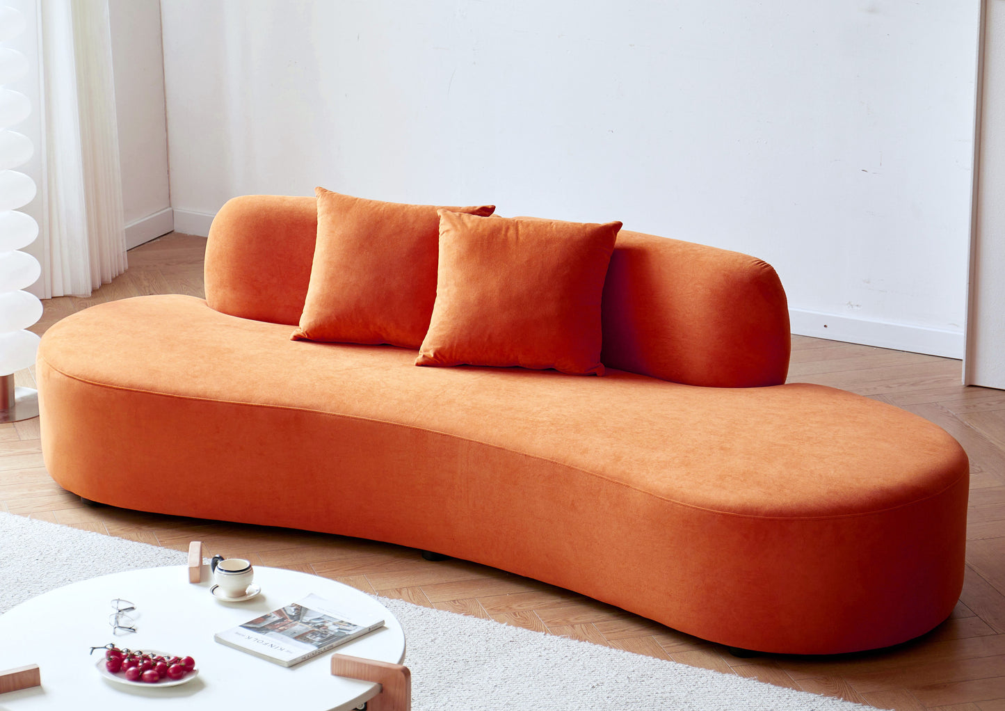 90   Curved Sofa With Throw Pillows, 4 Seater Luxury Velvet Couch With Half Moon Design And High-Density Foam, Ideal For Modern Living Room, Office & Apartment, Red Orange