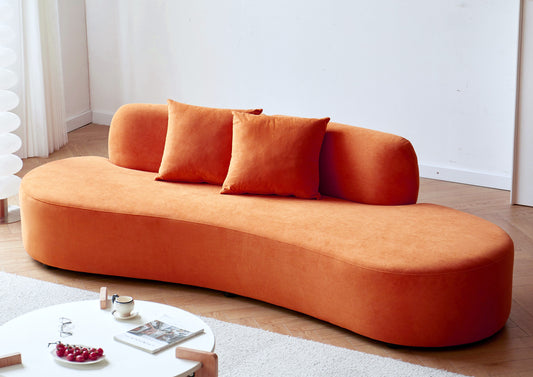 90   Curved Sofa With Throw Pillows, 4 Seater Luxury Velvet Couch With Half Moon Design And High-Density Foam, Ideal For Modern Living Room, Office & Apartment, Red Orange
