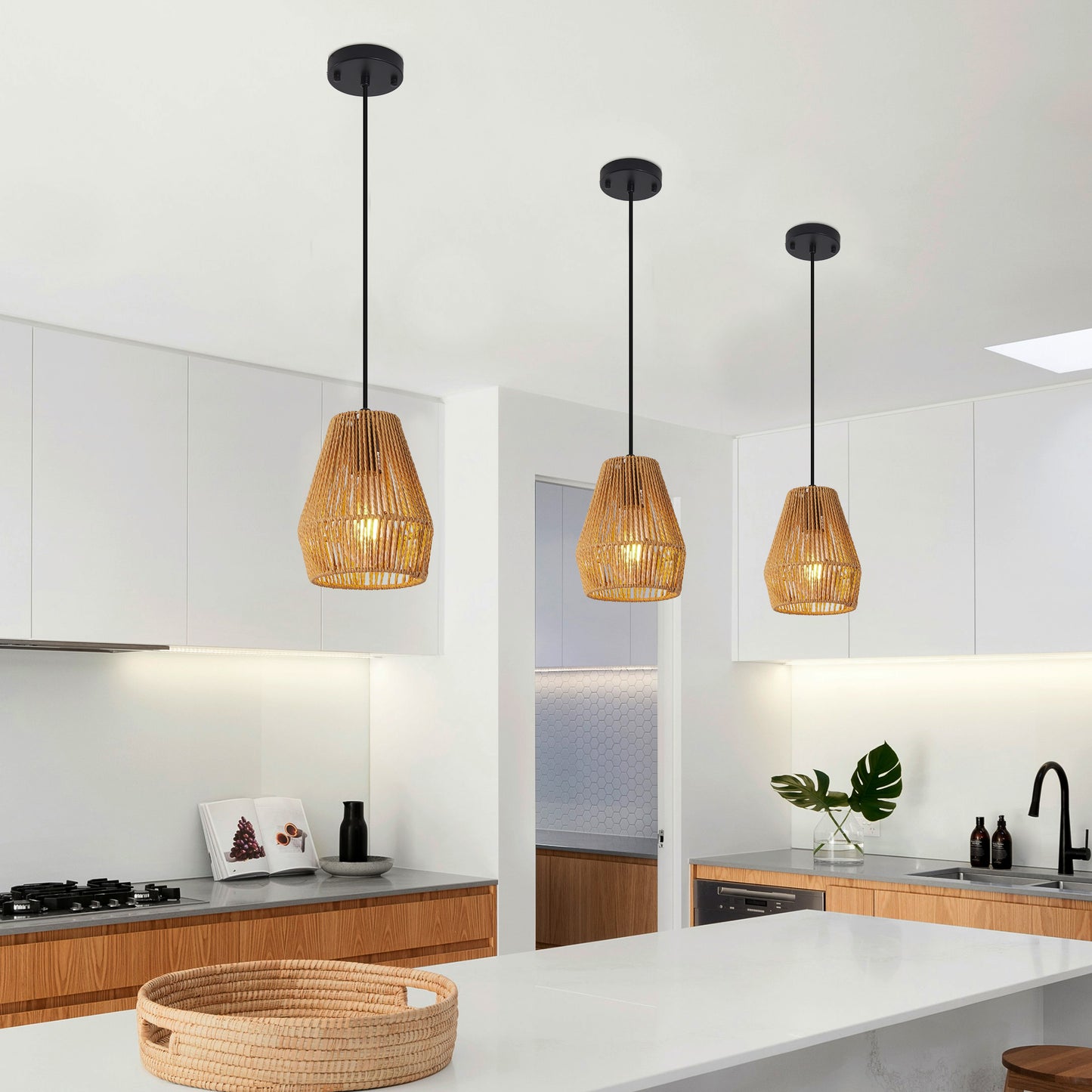 7inch Set Of 3 Rustic Hemp Rope Pendant Light, Handcrafted Farmhouse Hanging Light Fixture, Adjustable Height Ceiling Lamp For Kitchen Island, Dining Room,Or Living Room, Natural Woven Design No Bulbs