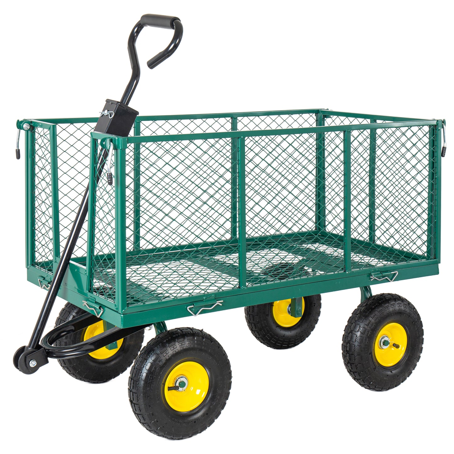 4-in-1 Oversized Steel Dump Garden Cart 880lbs Pullable Mesh Metal Garden Cart All-Terrain Utility Cart With Removable Liner & Side Panels & Mesh Tray For Outdoor Lawn Patio And Landscaping Green
