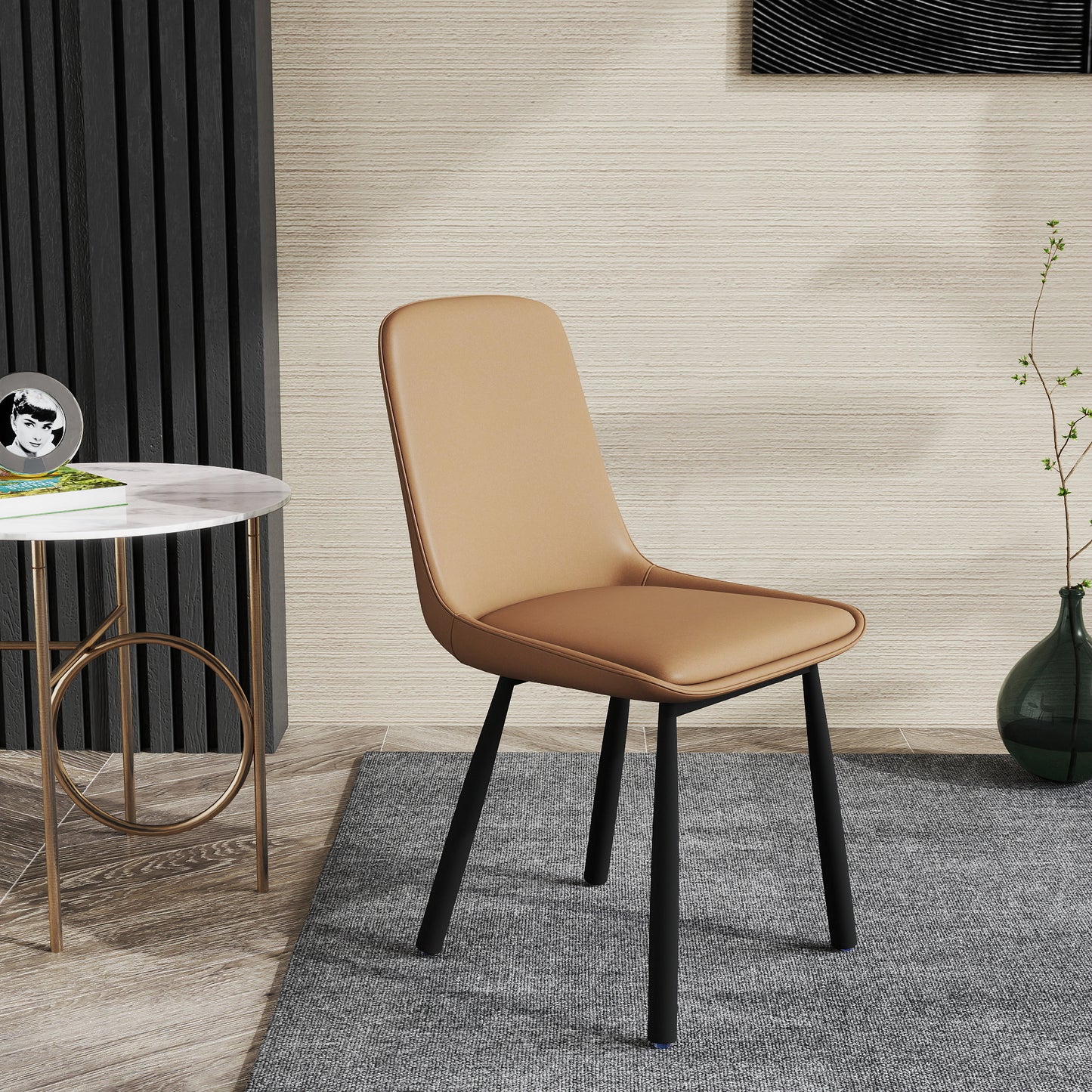 Modern Minimalist Khaki Faux Leather Dining Chairs Set Of 2, Iron Legs, Nordic Style Upholstered Backrest Chairs For Kitchen & Living Room
