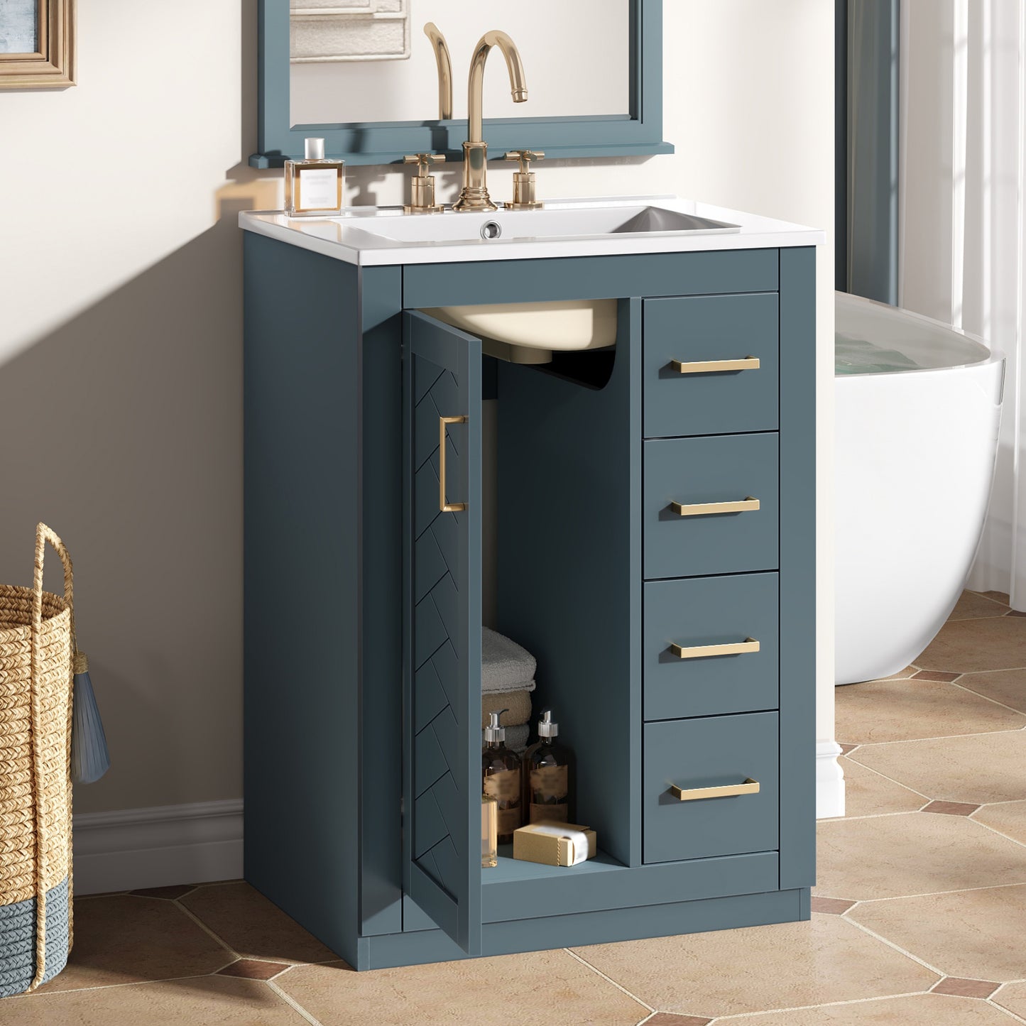 24   Bathroom Vanity With Integrated Ceramic Sink, Bathroom Cabinet With 1 Door, 3 Drawers, Single Sink Bathroom Vanity For Small And Medium Restroom, Blue
