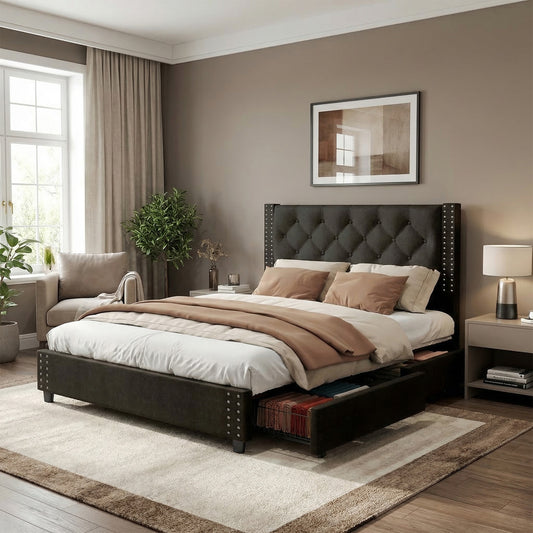 Full Size Bed Frame With Upholstered Button Tufted Headboard Wood Slat Support Metal Platform Bed Frame With 4 Drawers No Box Spring Needed Easy Assembly For Home