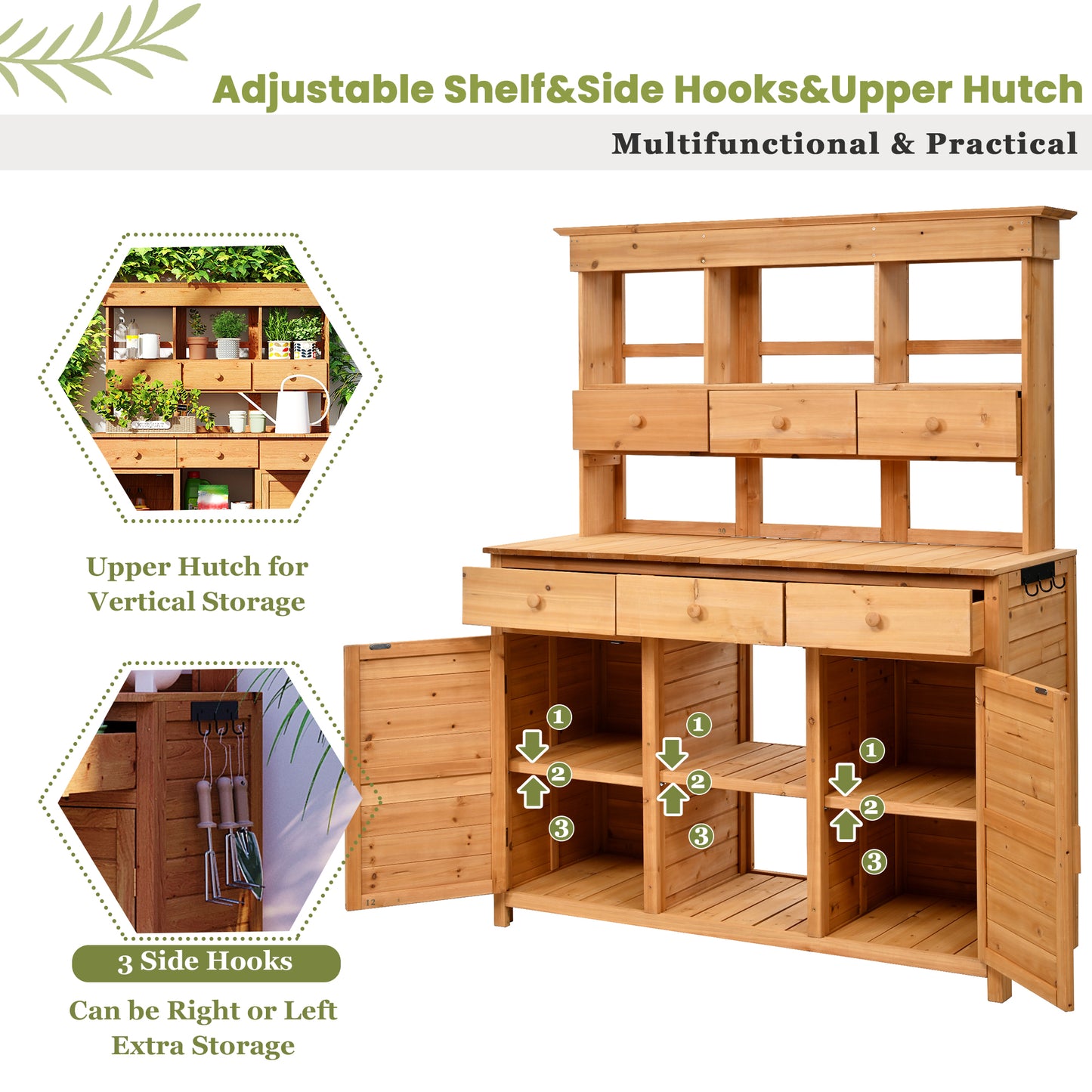 TOPMAx 65.7  H Tall Garden Potting Bench Table With Hutch Patio Storage Workstation With 3 Shelves 6 Drawers 2 Bottom Cabinets&Side Hooks For Mudroom Doorway  Natural