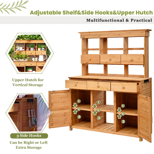 TOPMAx 65.7  H Tall Garden Potting Bench Table With Hutch Patio Storage Workstation With 3 Shelves 6 Drawers 2 Bottom Cabinets&Side Hooks For Mudroom Doorway  Natural