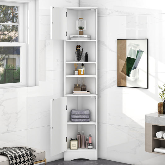 Multi-Functional Corner Cabinet Tall Bathroom Storage Cabinet With Two Doors And Adjustable Shelves, Open Shelf, White Old