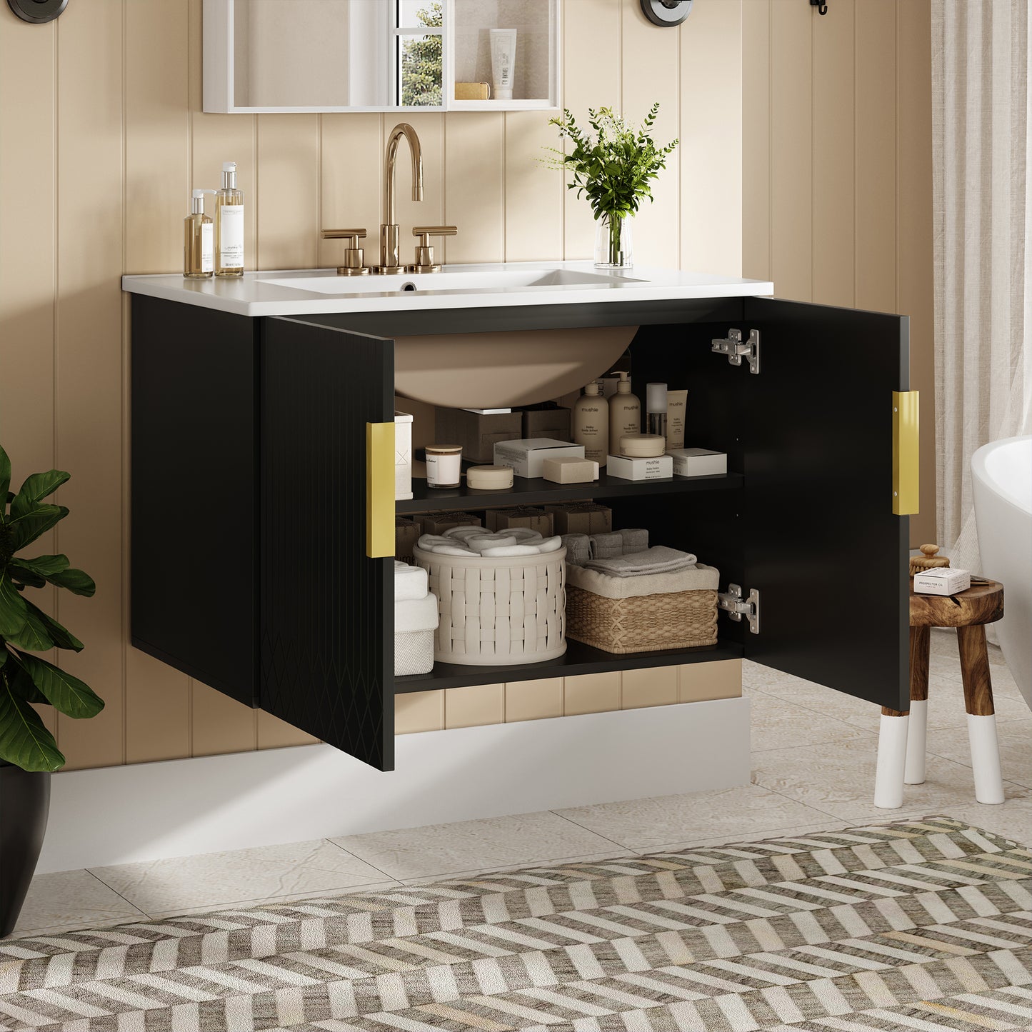 30 Vintage Bathroom Vanity With Ceramic Sink, With 3 Holes Single Ceramic Sink, Bathroom Storage Vanity Cabinet With 2 Soft Closing Doors
