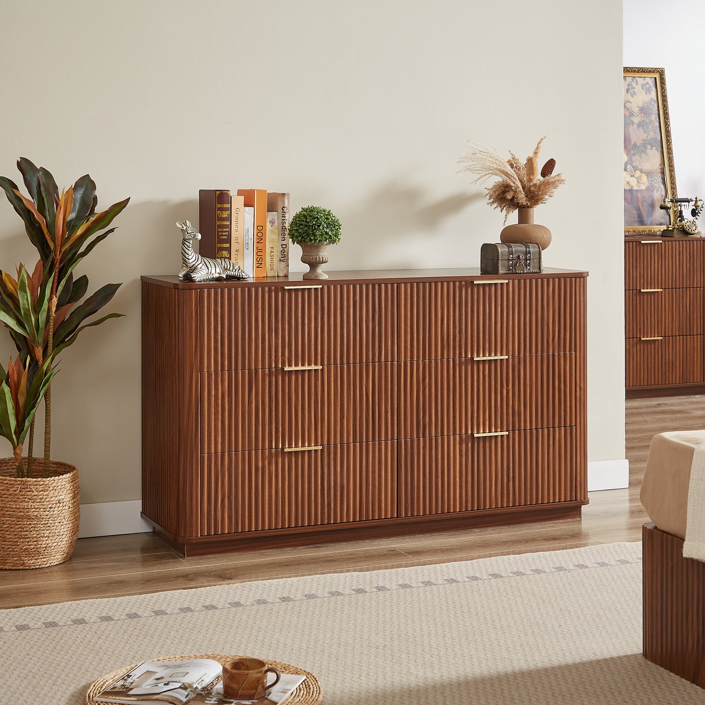 6 Drawers Dresser,55 Wide Modern Chest Of Drawers Curved Wave Design, Dresser TV Stand, Wood Drawer Organizer For Bedroom, Living Room, Hallway, Walnut,55.12''W X 15.75''D X 31.5''H.