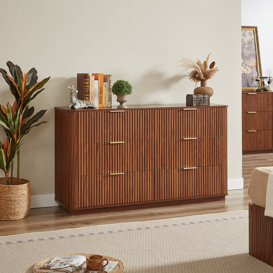 6 Drawers Dresser,55 Wide Modern Chest Of Drawers Curved Wave Design, Dresser TV Stand, Wood Drawer Organizer For Bedroom, Living Room, Hallway, Walnut,55.12''W X 15.75''D X 31.5''H.