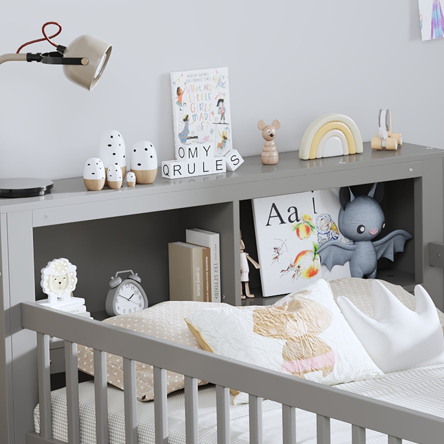 Twin Size Bed With Headboard Storage Rack, Two Under-Bed Drawers, Three-Side Guardrails For Safety And Security,Gray