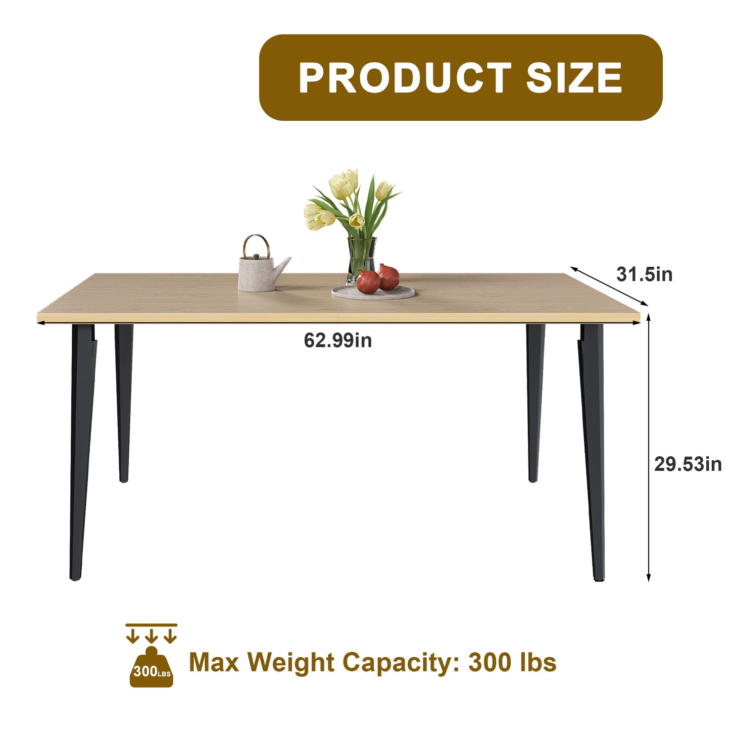 63-inch Modern Dining Table, Wooden Tabletop & Rust-Resistant Iron Legs, Rectangular Kitchen Table For 6-8 People, Rustic Industrial Design For Dining Room, Patio Table Only