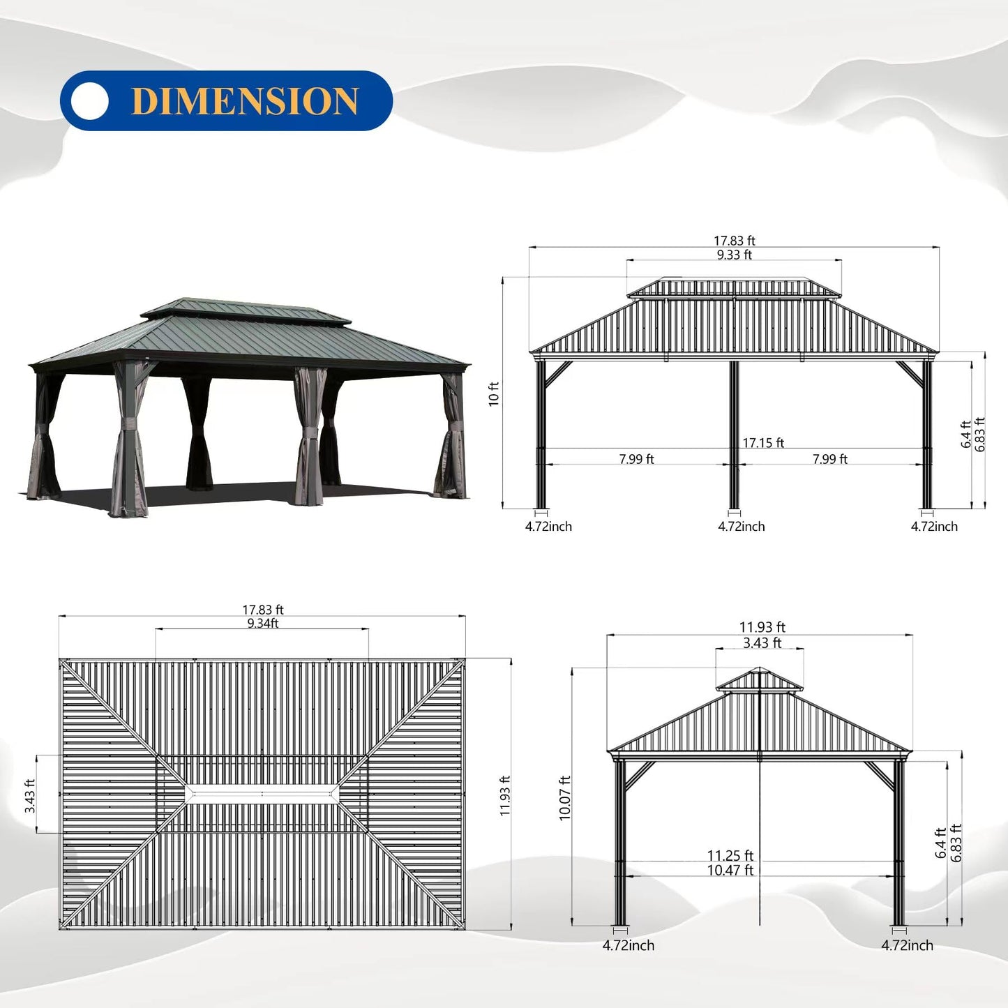 12  X 18  Hardtop Gazebo Outdoor Metal Gazebo With Galvanized Steel Double Roof Canopy, Aluminum Frame, Curtains And Netting For Patio, Deck, Garden, Grey