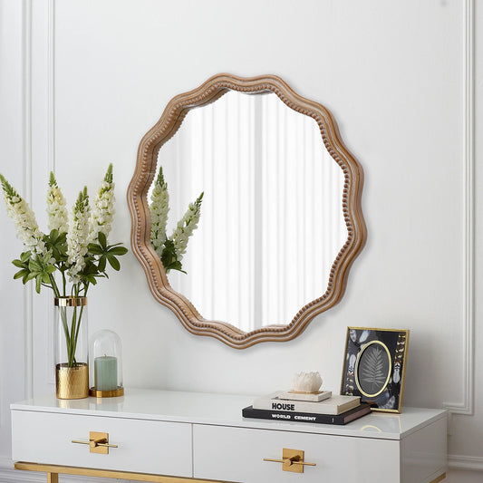 23.62 Inches Wood Round Wavy Wall Mirror Round Wall Mirror Scalloped Mirror -Large Decorative Wood Framed Hanging Circle Mirror Modern Farmhouse Decor For Bathroom,Living Room, Nursery Decor