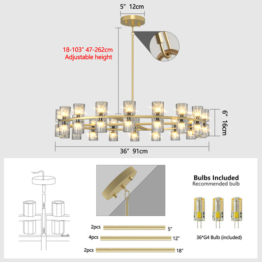 Modern 36  Gold Round Chandelier Light Fixture, K9 Crystal Chandeliers For Dining Room, Living Room, Dining Room Chandeliers Over Table, Chandelier For Bedroom, Foyer, Includes 36XG4 Bulbs