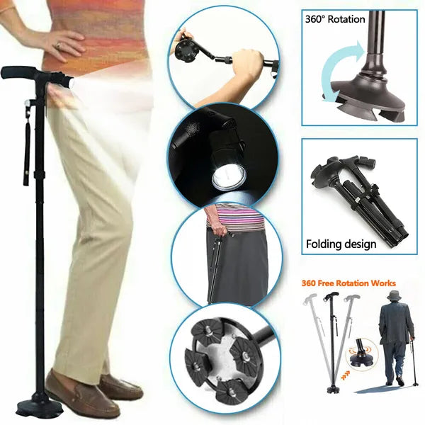 LED Walking Stick Cane Safety All Terrain Pivoting Base Folding Cane Travel