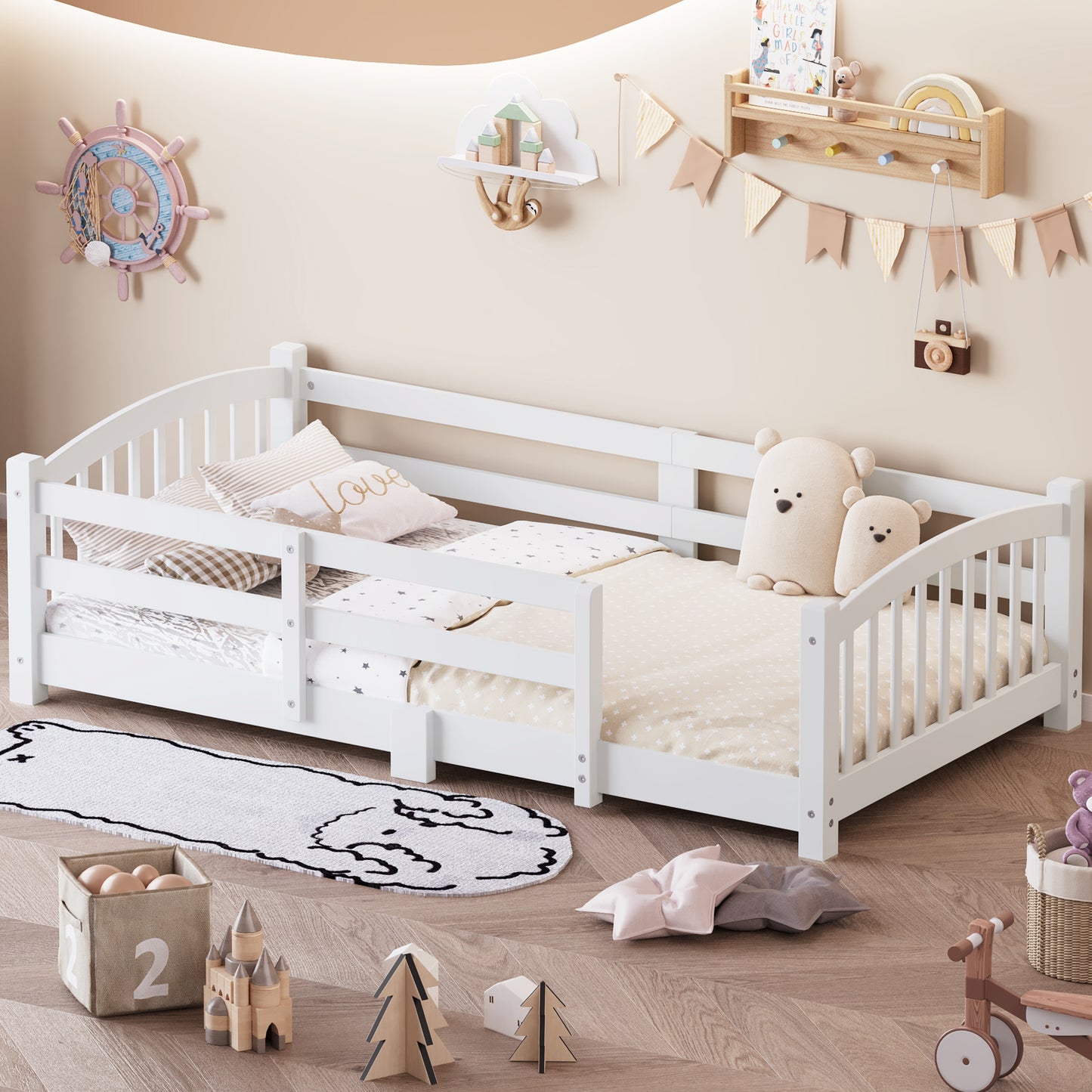 Twin Montessori Floor Bed With Slats And Safety Guardrails, Solid Wood Floor Bed With Fence And Without Door, Easy Assemble Montessori Bed For Girls And Boys, White
