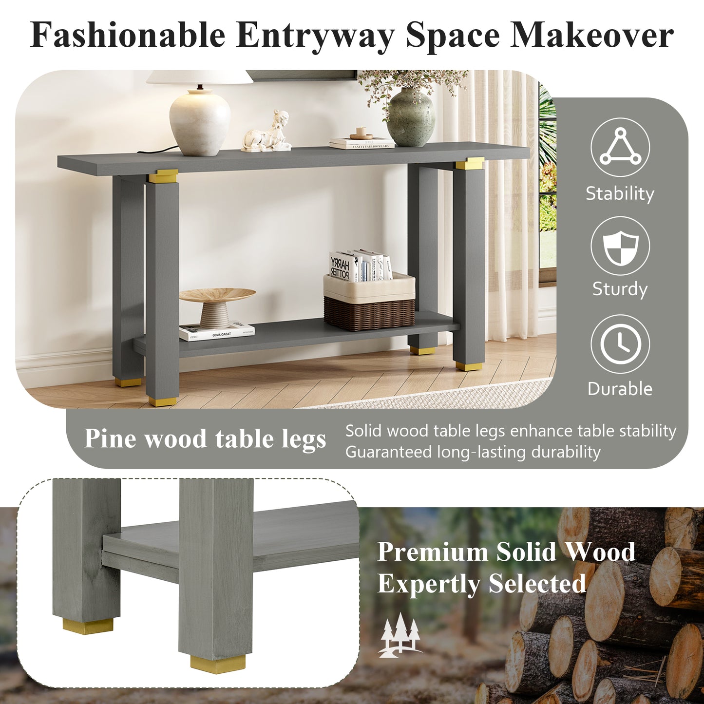 U-Style 62.9  Modern Minimalist Console Table  Solid Wood Entryway Sofa Table With Metal Accents  Built- In Shelf  For Living Room  Hallway  3 Colors   Black  Gray  Natural