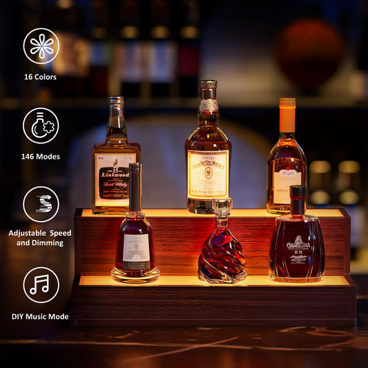 LED Lighted Liquor Bottle Display Shelf, 20 Inch Bar Display Shelf, DIY Illuminated Bottle Shelf With App & Remote Control, 2 Step Freestanding Holding Bottles For Home Bar, Party, Walnut