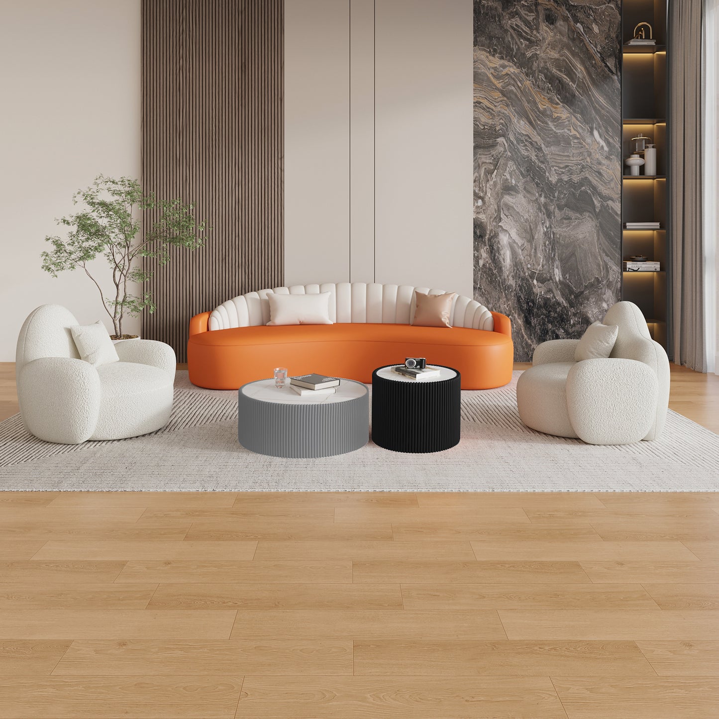 Light Sintered Stone Top Cylinder Shape Leather Coffee Modern Sofa Table For Living Room Furniture Each Tabletop Has A Unique Gold Pattern