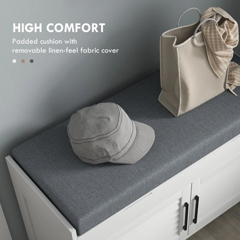 Shoe Storage Bench, Modern Entryway Bench With Cushion, Hidden Compartments, Adjustable Shelves, Shutter Doors, White