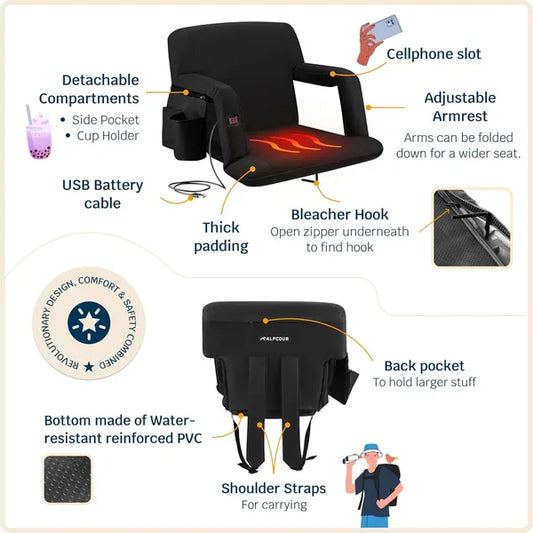 Alpcour Heated Reclining Stadium Seat For Bleachers With Back Support