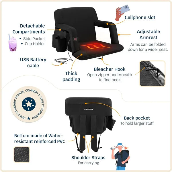 Alpcour Heated Reclining Stadium Seat For Bleachers With Back Support