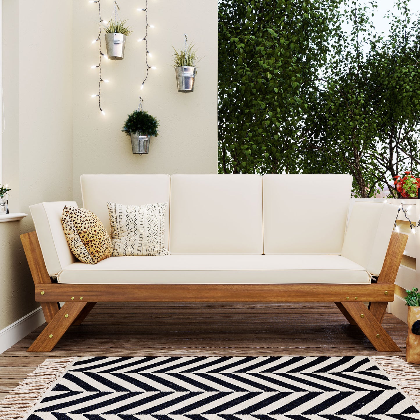 TOPMAx Outdoor Adjustable Patio Wooden Daybed Sofa Chaise Lounge With Cushions For Small Places  Natural Finish Beige Cushion