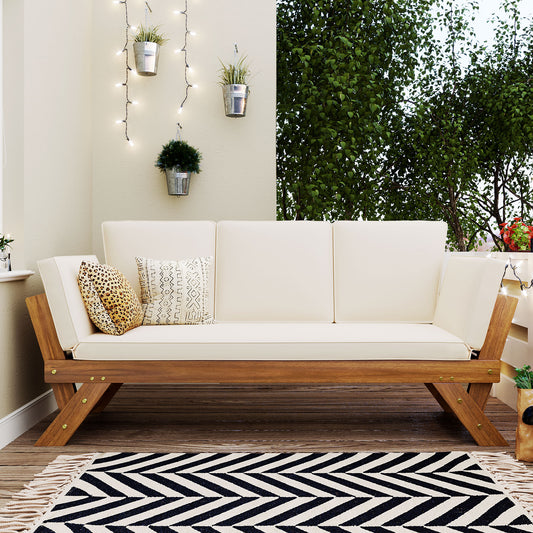 TOPMAx Outdoor Adjustable Patio Wooden Daybed Sofa Chaise Lounge With Cushions For Small Places  Natural Finish Beige Cushion