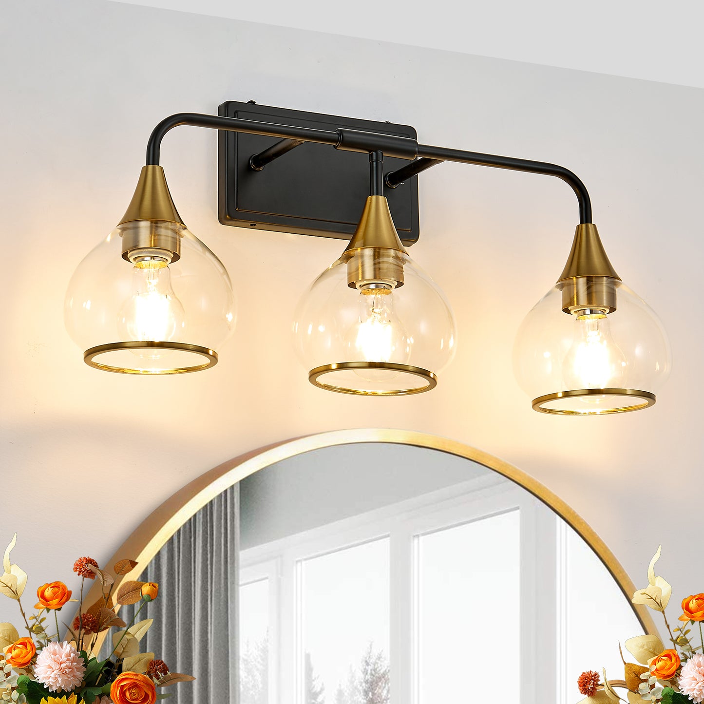 23 Modern 3-Light Vanity Wall Sconce - Black And Gold Bathroom Light Fixture With Clear Glass Shades, Industrial Wall Mounted Lamp For Mirror, Vanity, And Living Spaces Bulb Not Included