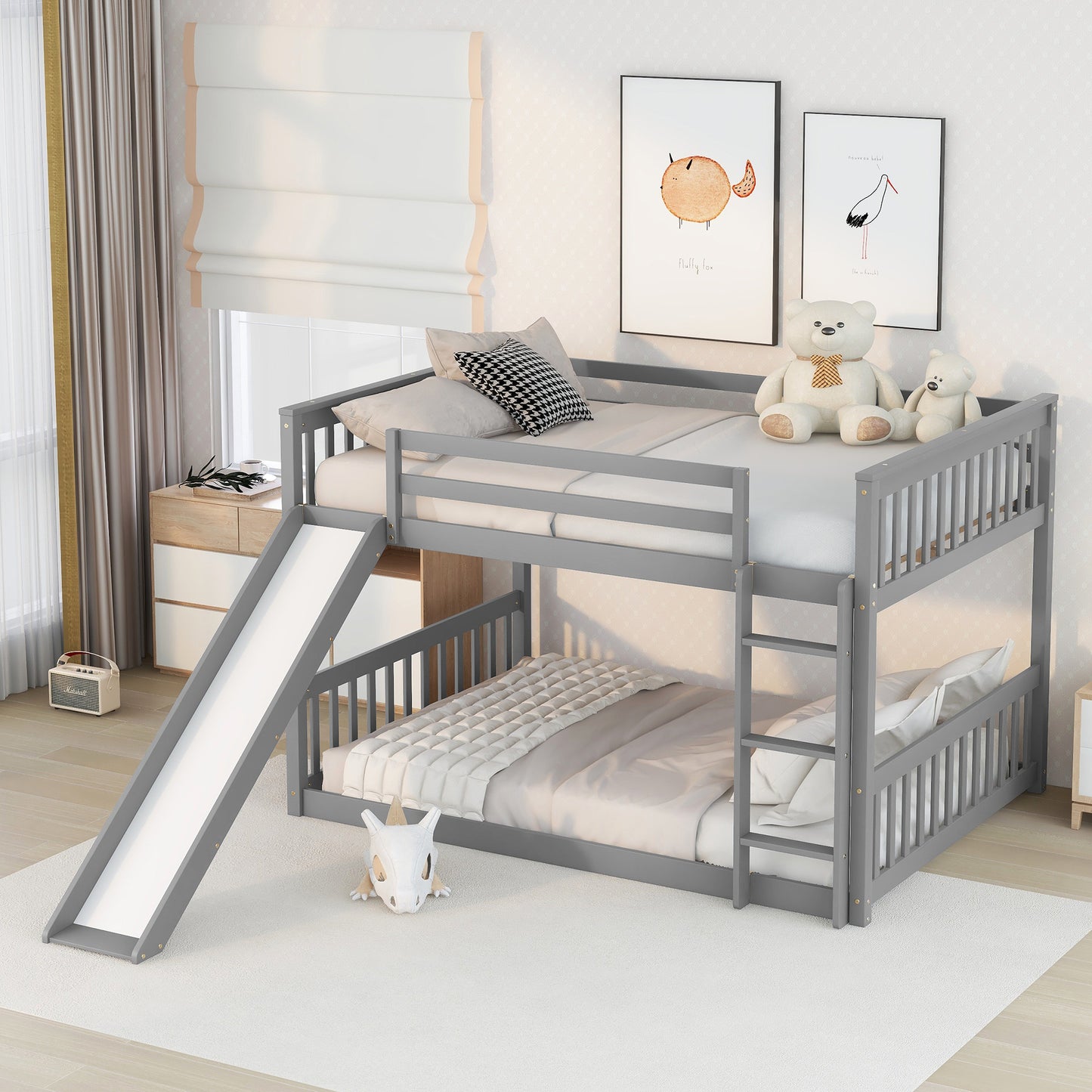 Full Over Full Bunk Bed With Slide And Ladder In Grey Color