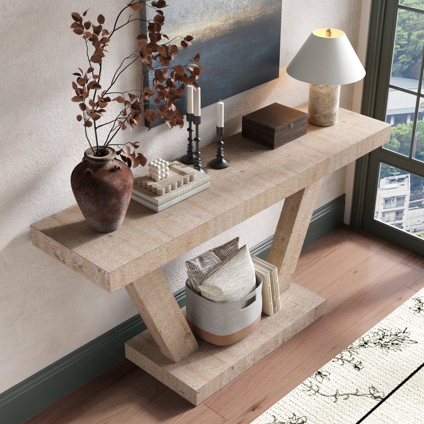 60 Inches Vintage Distressed Wood Entryway Bench With 2-Tier Solid Wood Veneer Storage Cabinet, Rustic Wide Design For Hallway, Living Room & Behind Sofa, Antique Natural