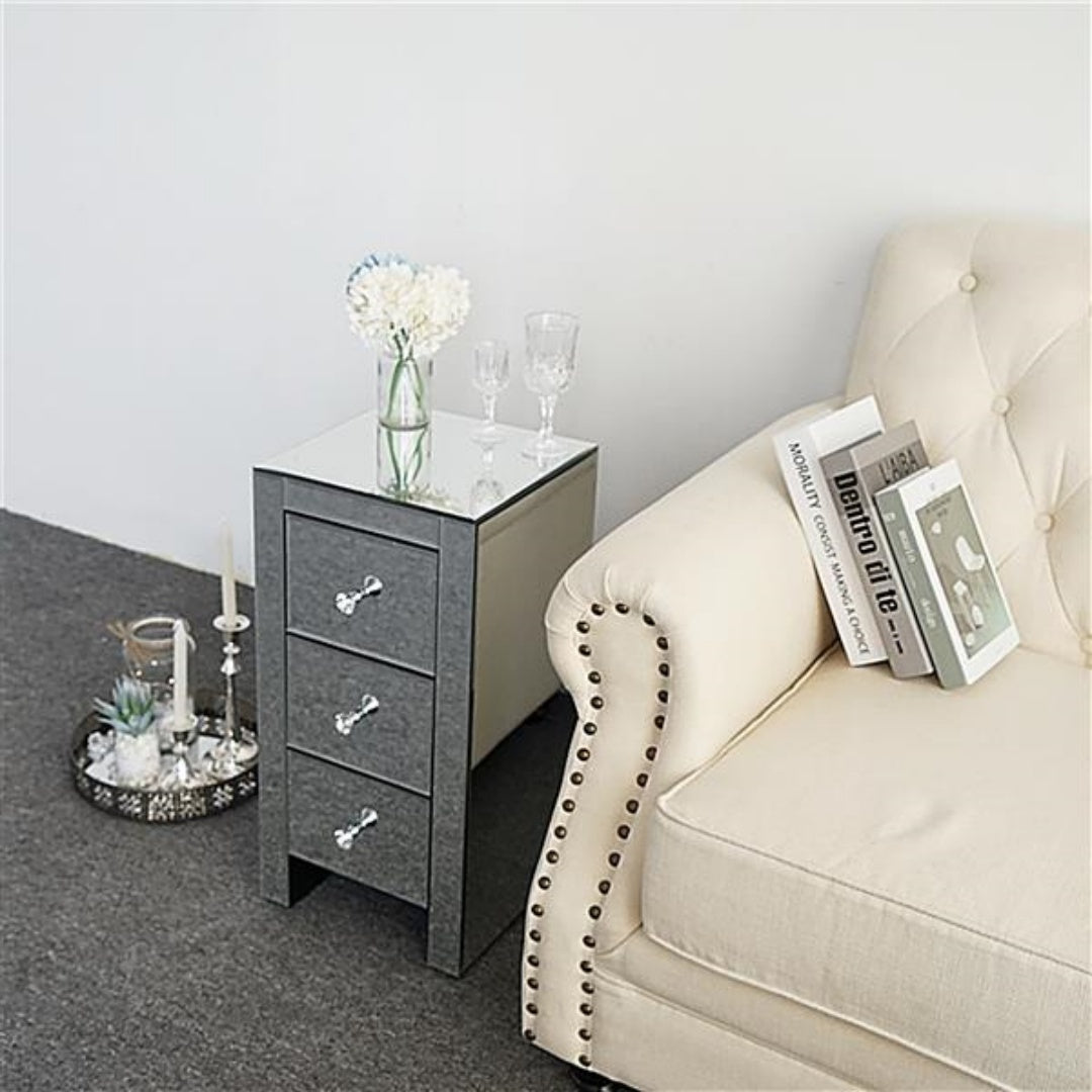 Mirror Bedside Table - Three Drawers, Silver Color