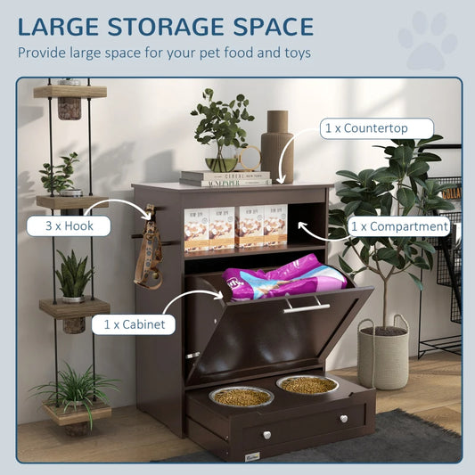Pet Feeder Station Storage Cabinet, Dog Food Storage Container With Dog Raised Bowls, Watering Supplies, Gray