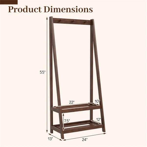 100% Solid Rubber Wood Freestanding Coat Rack, A-Frame Stable Garment Hanger With 3 Hooks & 2 Shelves