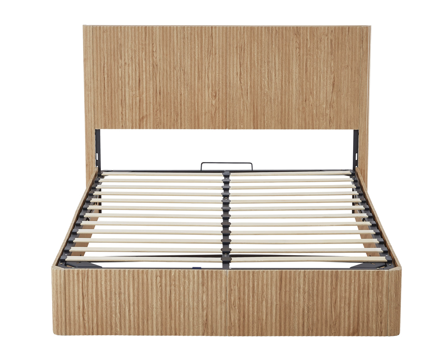 Queen Size Lift Up Storage Bed Frame, Wooden Corrugated Curved Lines, Hydraulic Storage No Box Spring Needed, Oak.