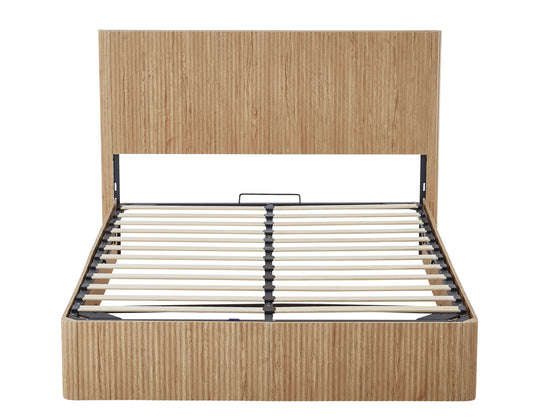 Queen Size Lift Up Storage Bed Frame, Wooden Corrugated Curved Lines, Hydraulic Storage No Box Spring Needed, Oak.