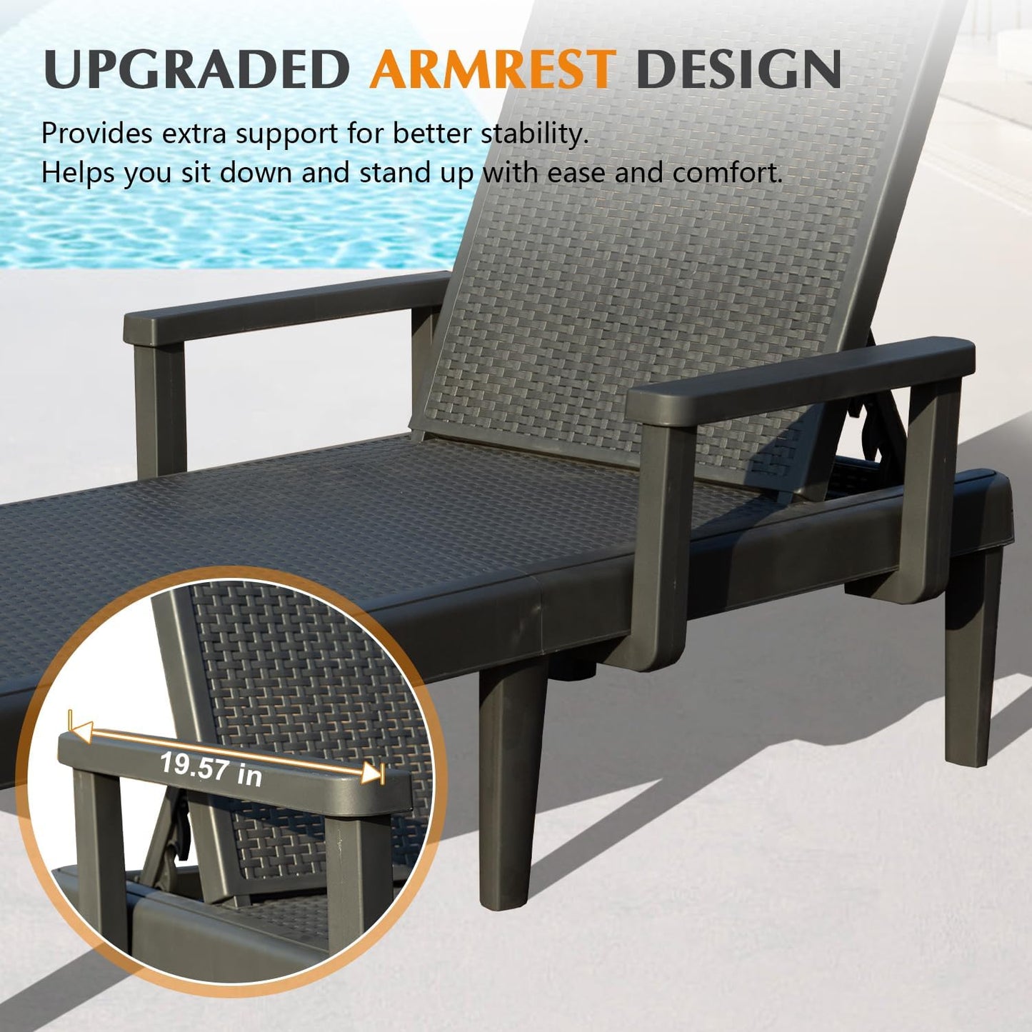 Pool Lounge Chairs Set Of 2, Outdoor Lounge Chairs With 6 Positions Backrest Adjustable Armrest, Resin Waterproof Chaise Lounge Outdoor For Poolside Patio Garden Deck