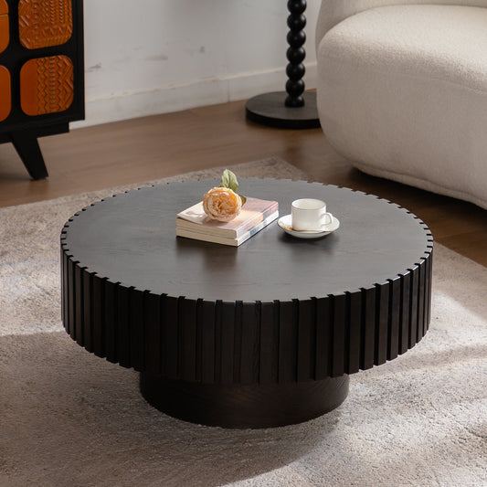 Round Coffee Table Handcrafted Relief Sturdy Pedestal Wooden Olive-Shaped Tea Table For Living Room