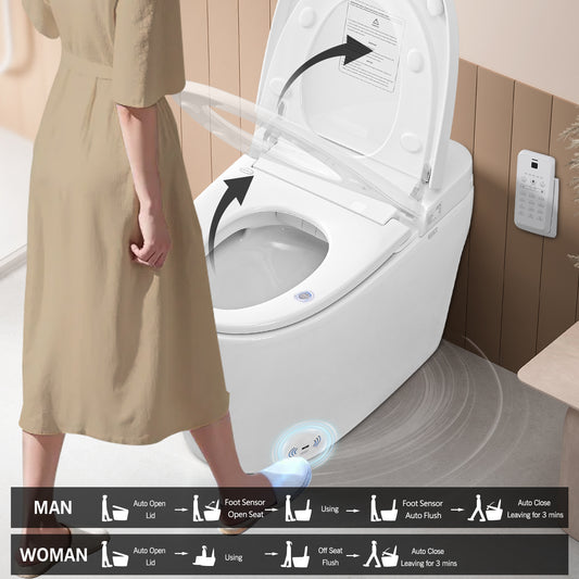 Smart Toilet Bidet Combo With Foot Sensor Open Cover Seat, Self-Cleaning Nozzle, Heated Seat, Night Light, Knob Control, Power Outage Flushing, Soft Close, Auto Flush, With Remote Control