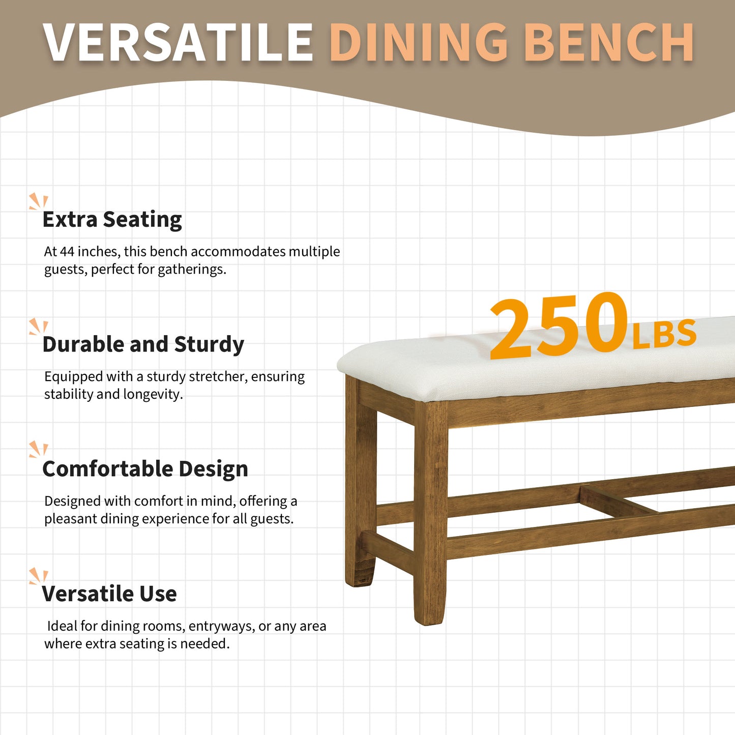 TOPMAX Farmhouse 6-Piece 60inch Extendable Pedestal Dining Table Set With 18inch Removable Leaf, 44inch Bench And 4 Ladder Back Dining Chairs, Dark Brown Beige OLD