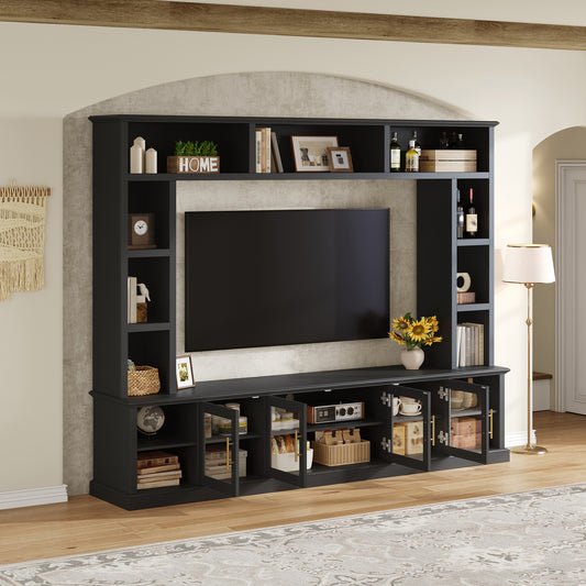 Entertainment Center Wall Unit For TVs Up To 80  , All-in-One Modern TV Stand With Bookshelves & Tempered Glass Doors, TV Console Unit With Shelving For Living Room, Entertainment