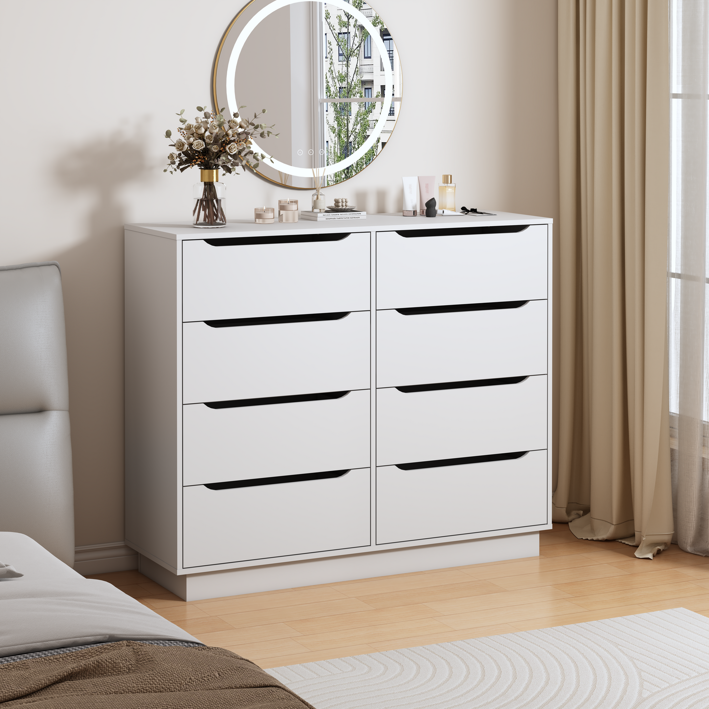 White Dresser For Bedroom, Long Dresser With 8 Drawers, 47.2''W Wooden Dressers Chest Of 8 Drawers, Large Capacity Clothing Storage Cabinet, Wide Dressers For Bedroom Living Room Entryway