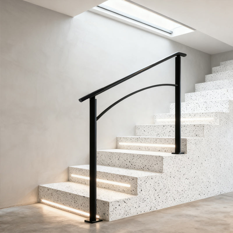 Handrails For Outdoor Steps, Fit 1 Or 3 Steps Outdoor Stair Railing, Black Wrought Iron Handrail, Flexible Front Porch Hand Rail, Transitional Handrails For Concrete Steps Or Wooden Stairs