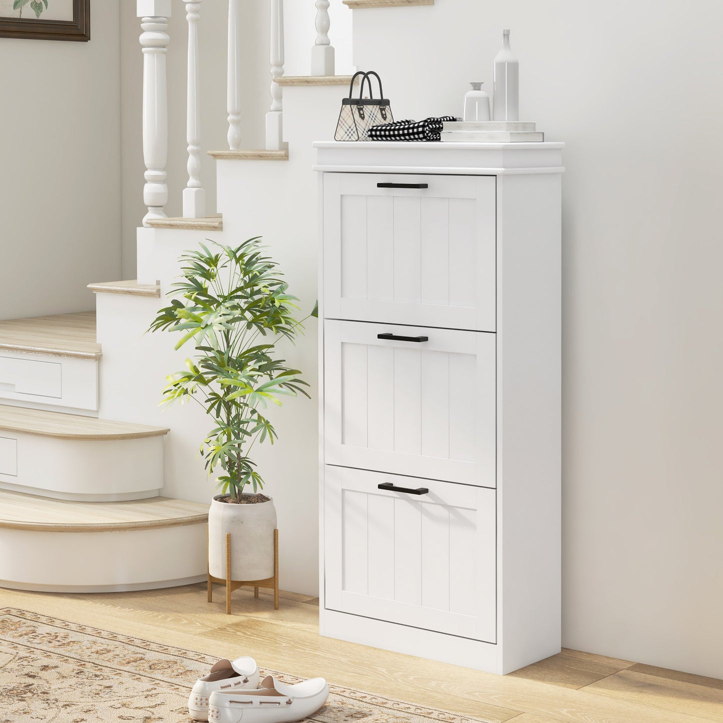 Modern Shoe Storage Cabinet With 3 Flip Drawers For 15 Pairs, Narrow Shoe Organizer For Entryway, Hallway, White