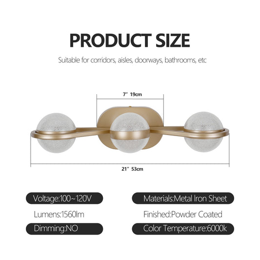 Bathroom Vanity Light, LED 3 Bulb Crystal Sand Acrylic Shades, Wall Mounted Decorative Lighting Fixture, Suitable For Bathroom Vanity Mirror Champagne Gold